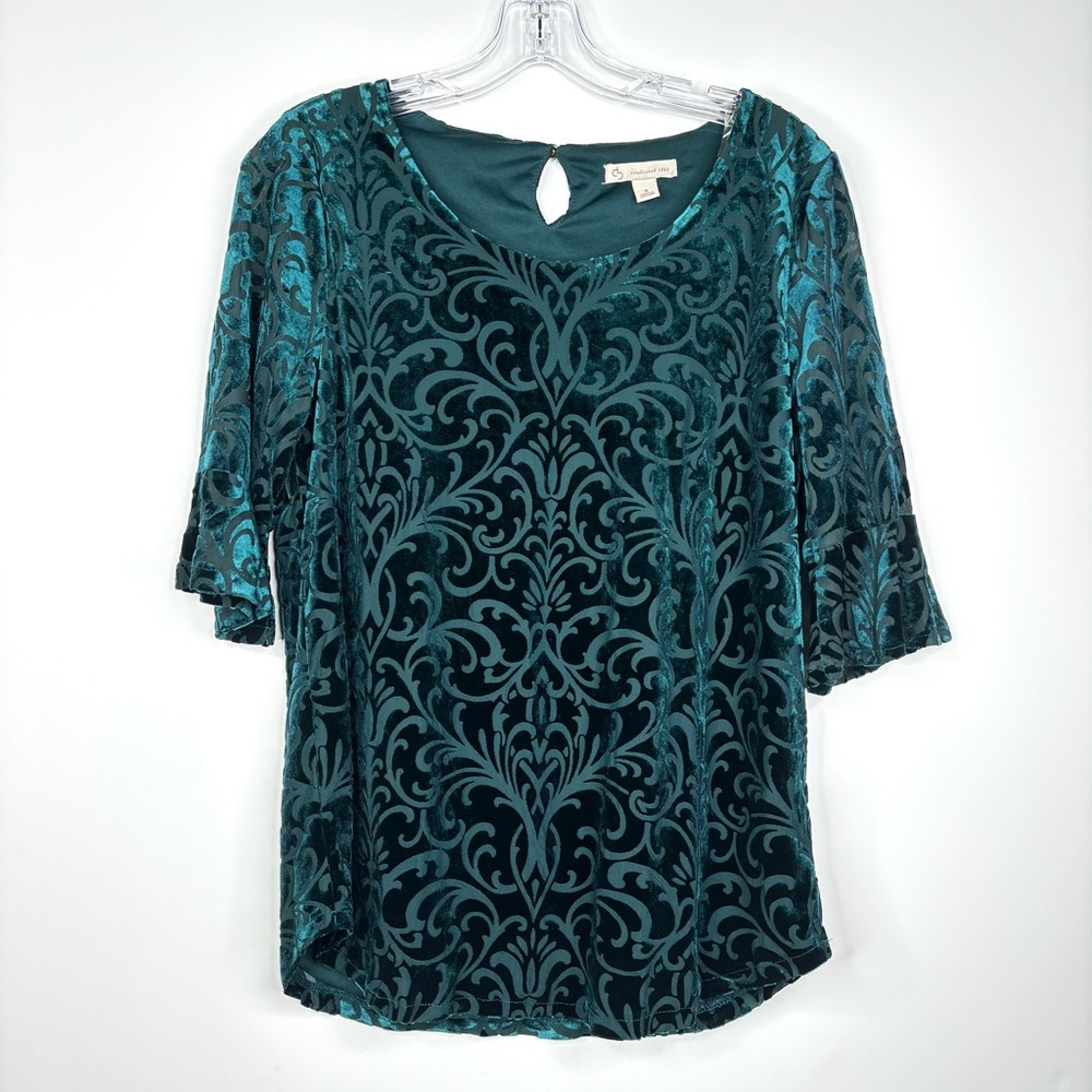 Teal Velvet Burnout Damask Whimsigoth Sheer‎ Blue Green Pullover Blouse SM